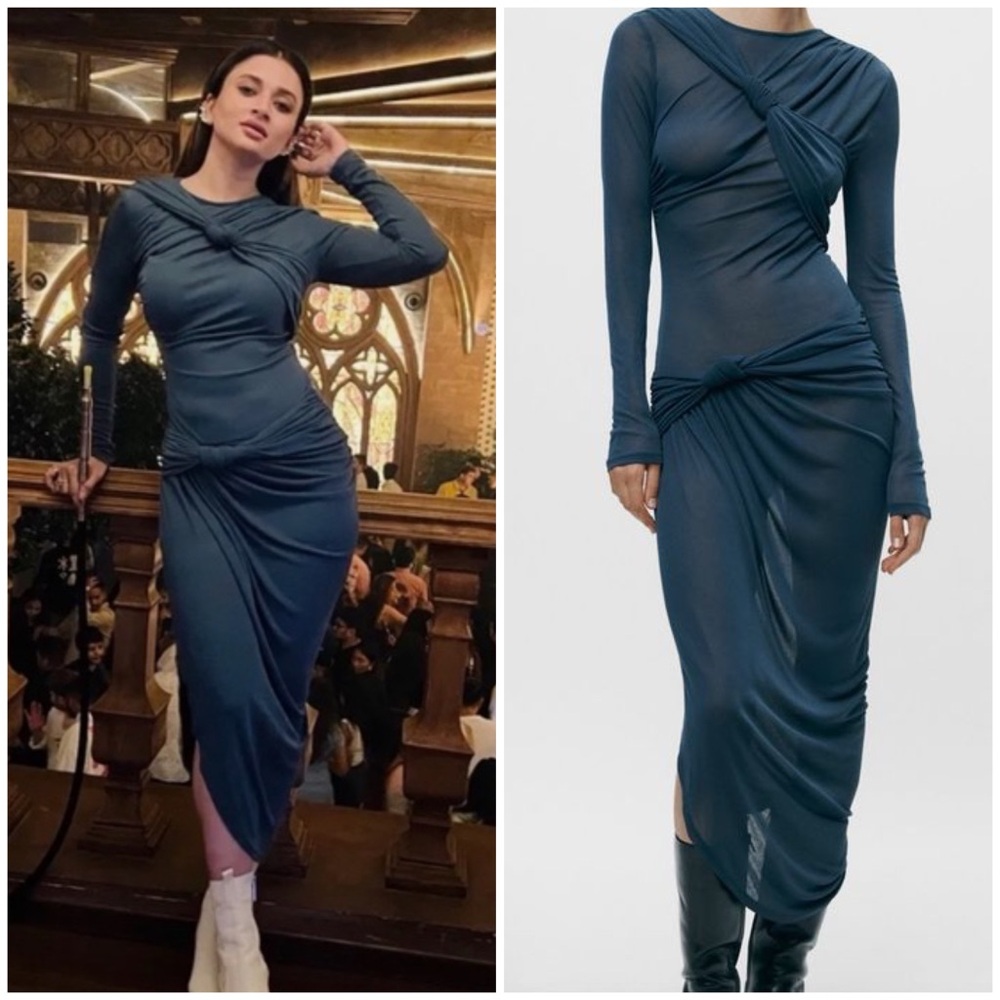 Zara Teal Twist-Detail High-Low Midi Dress